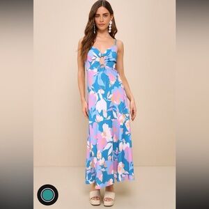Lulus “celebrating sun teal blue tropical floral cutout midi dress”